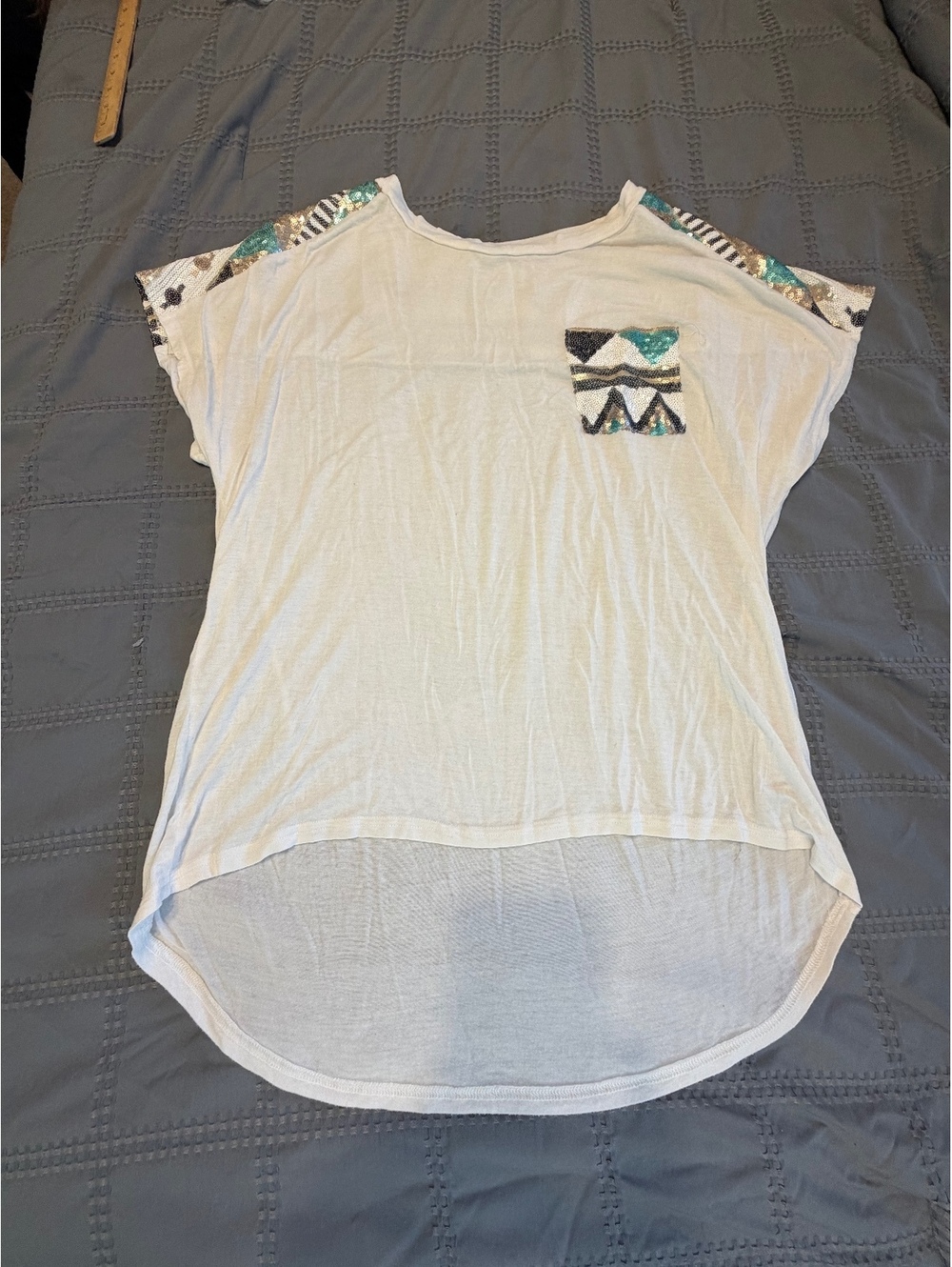 White Women's T-Shirt with Sequin Geometric Design